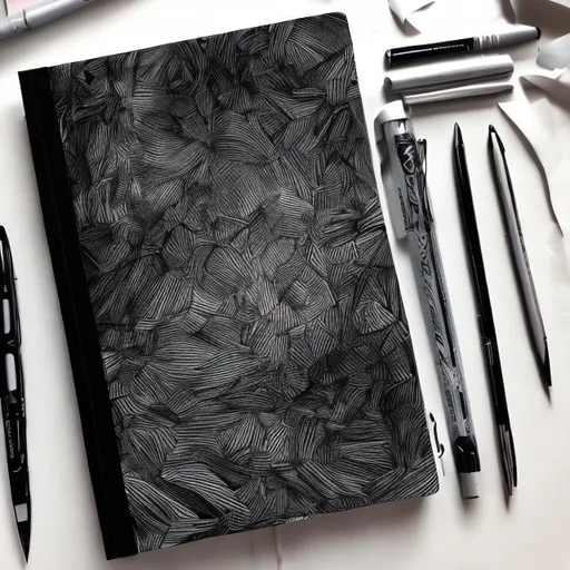 Prompt: a closed black sketch journal, pen drawing, dark lighting