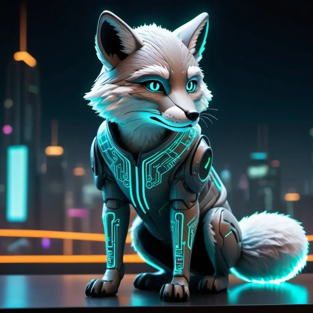 Prompt: Name: ByteFox

Appearance:

Species: Fox
Coloration: A mix of dark grey and silver fur, with neon blue and green highlights running along the fur in intricate patterns resembling circuitry.
Eyes: Bright, piercing blue eyes that convey intelligence and cunning.
Physique: Lean and agile, with a wiry build suggesting speed and agility.
Outfit: Wears a futuristic hoodie made of high-tech fabric that seamlessly integrates with its fur. The hoodie has glowing neon patterns reminiscent of circuit boards.
Accessories:
A sleek, high-tech visor covering its eyes, displaying holographic data and symbols.
A utility belt equipped with various hacking tools and gadgets.
Cybernetic enhancements on its forepaws, resembling sleek gloves with built-in touchscreens.
Footwear: None, showcasing its natural agility and speed.
Background:

Setting: A digital realm with neon-lit elements and futuristic architecture.
The backdrop consists of floating holographic screens displaying lines of code and cybersecurity symbols.
Neon-lit buildings towering in the background, creating a cyberpunk ambiance.
Glowing data streams weaving through the air, adding to the high-tech atmosphere.
Pose:

Standing on its hind legs, with one paw confidently interacting with a holographic screen displaying hacking data.
Its expression is focused and determined, showcasing its expertise in cyber hacking and digital manipulation.