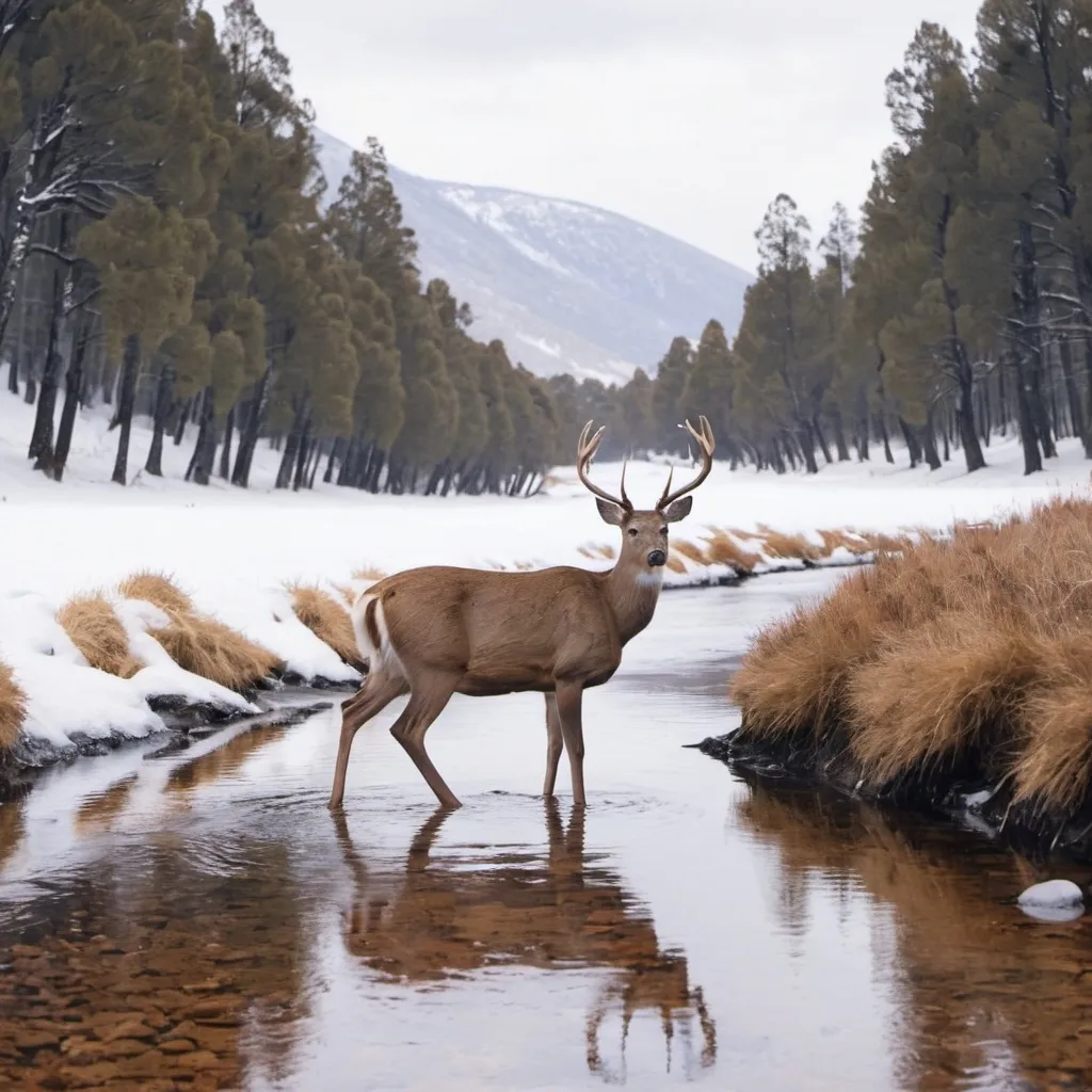 Prompt: Deer by a river in the snowy mountains