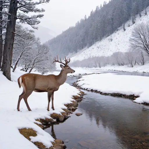 Prompt: Deer by a river in the snowy mountains