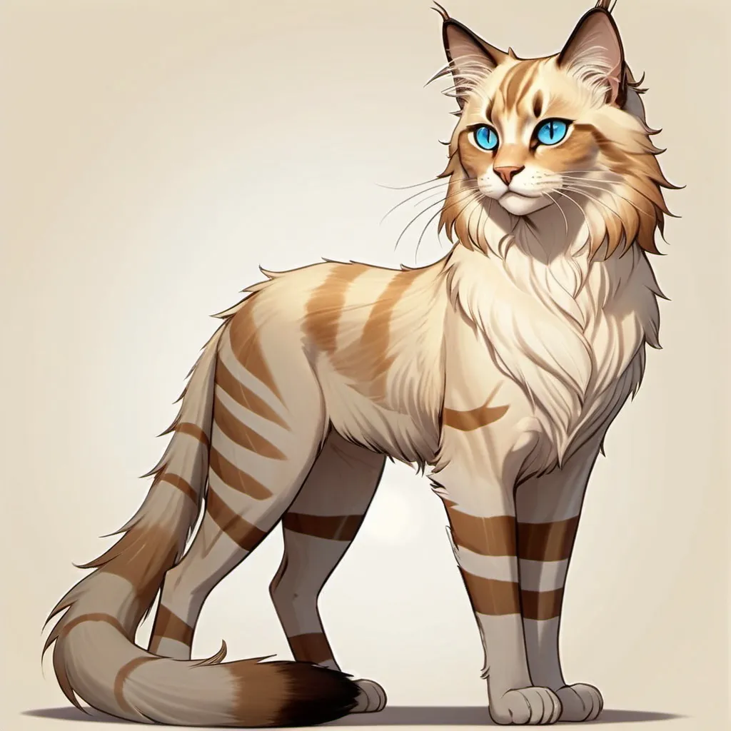 Prompt: Warrior Cats 2D Art Golden-Furred Slim Ragdoll She-Cat with Sky Blue eyes, Soft Brown Ear tufts, Tall, Long Tail, Soft Brown Stripes, Scars on her right cheek, eye and shoulder.