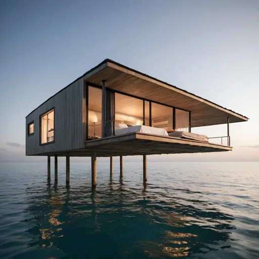 Prompt: A 2nd house floating on the sea, with a bed room underneath it 