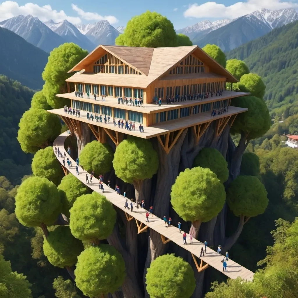 Prompt: The school on the trees with a lot of rooms and students are happy and bridge cross over montains
