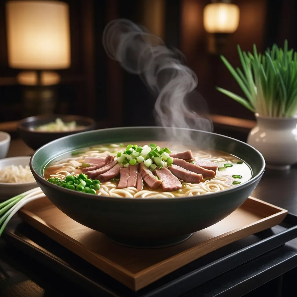 Prompt: 
A cinematic, photorealistic portrait of a bowl of warm noodle soup with slices of meat and a generous topping of green onions, set on a dark, elegant tray. The setting is in a high-end restaurant, with dim lighting creating a cozy and sophisticated atmosphere. The background features blurred out, modern decor to maintain focus on the dish. The image is in 16K UHD resolution, capturing intricate details such as the steam rising from the soup and the texture of the ingredients.