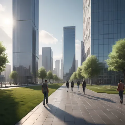 Prompt: 

A photorealistic image of a modern cityscape with a real-world feel, in 16K UHD quality, based on the uploaded image. The scene features tall, sleek skyscrapers with reflective glass facades, a green lawn area, and a wide paved walkway. The sky is overcast, casting a soft, diffused light over the buildings and surroundings. Include people walking and interacting in the area to create a lively atmosphere. Ultra-detailed expression, capturing the real-world textures of the buildings, grass, and pavement, with realistic shadows and reflections.