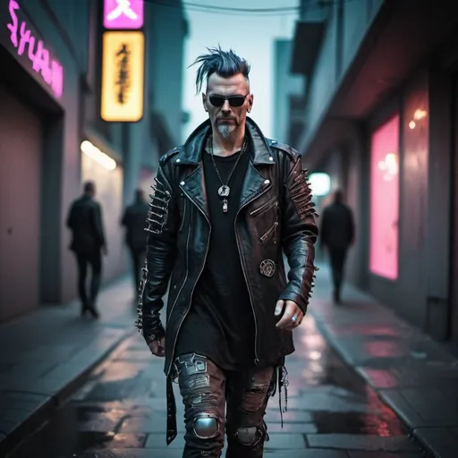 Prompt: Cyberpunk adult man walking in street, rocker style