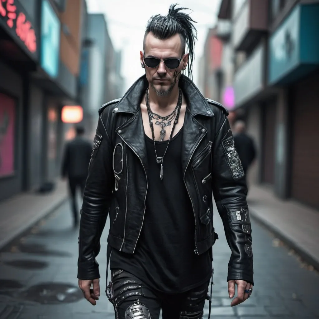 Prompt: Cyberpunk adult man walking in street, rocker style