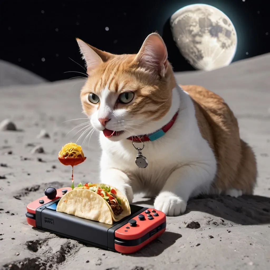 Prompt: a cat eating a taco on the moon with a nintendo switch