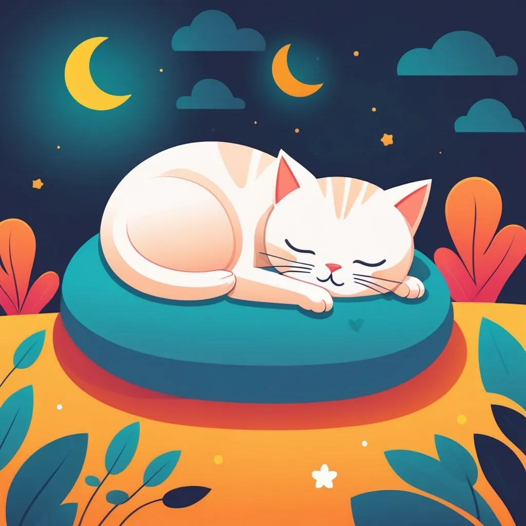 Prompt: illustrations for a book-cover,flat design,simple shapes,vector,colorful,2D,cute cartoon characters,cat sleeping