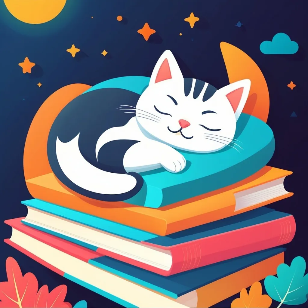 Prompt: illustrations for a book-cover,flat design,simple shapes,vector,colorful,2D,cute cartoon characters,cat sleeping