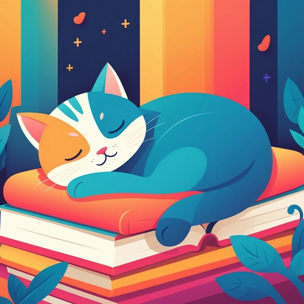 Prompt: illustrations for a book-cover,flat design,simple shapes,vector,colorful,2D,cute cartoon characters,cat sleeping