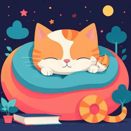 Prompt: illustrations for a book-cover,flat design,simple shapes,vector,colorful,2D,cute cartoon characters,cat sleeping