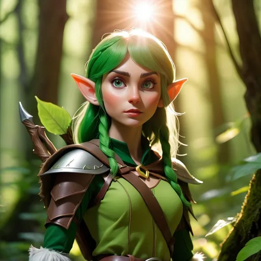 Prompt: Elf ranger in a mystical forest around sunlight