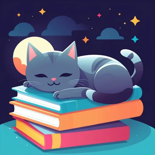 Prompt: illustrations for a book-cover,flat design,simple shapes,vector,colorful,2D,cute cartoon characters,cat sleeping