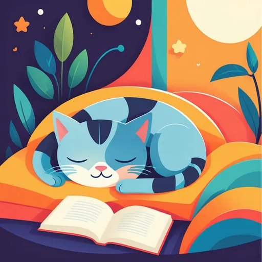 Prompt: illustrations for a book-cover,flat design,simple shapes,vector,colorful,2D,cute cartoon characters,cat sleeping