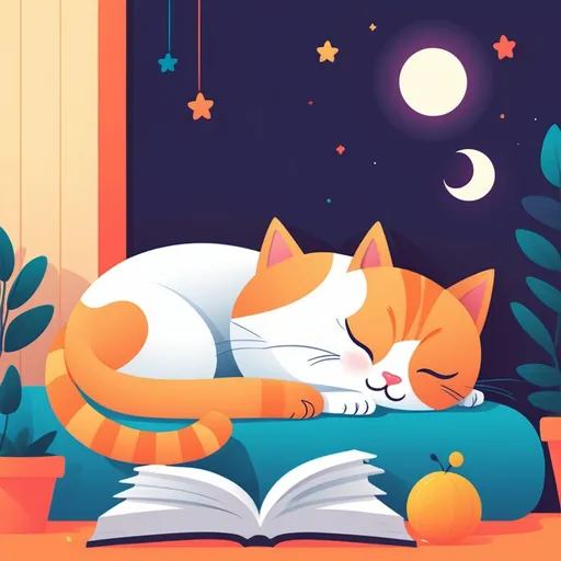 Prompt: illustrations for a book-cover,flat design,simple shapes,vector,colorful,2D,cute cartoon characters,cat sleeping