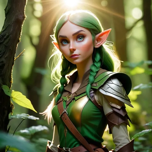 Prompt: Elf ranger in a mystical forest around sunlight