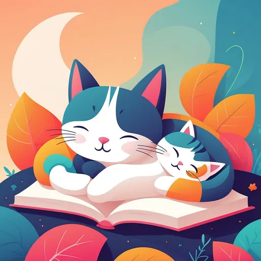 Prompt: illustrations for a book-cover,flat design,simple shapes,vector,colorful,2D,cute cartoon characters,cat sleeping