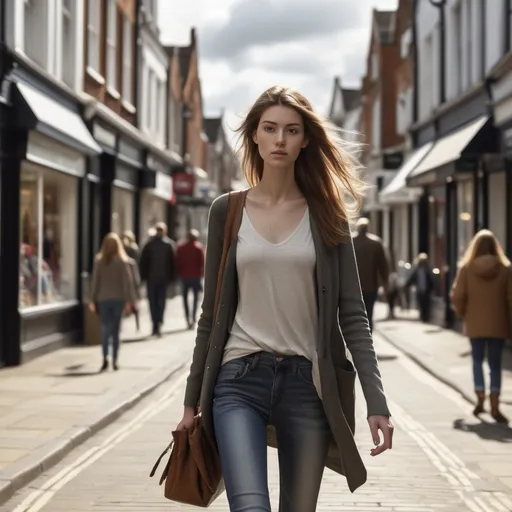 Prompt: Tall young woman walking down the high street, detailed clothing, realistic, natural lighting