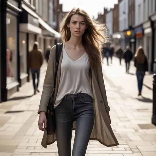 Prompt: Tall young woman walking down the high street, detailed clothing, realistic, natural lighting