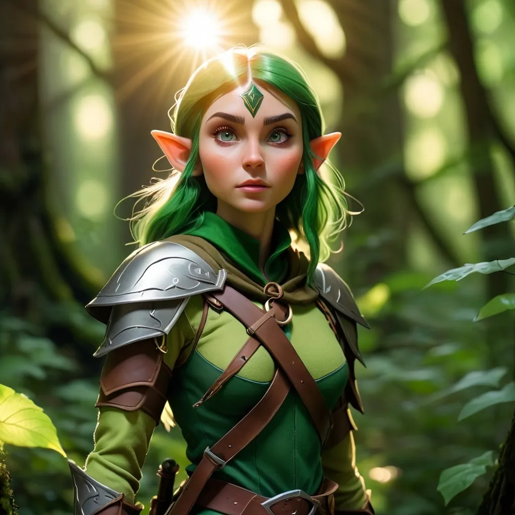 Prompt: Elf ranger in a mystical forest around sunlight