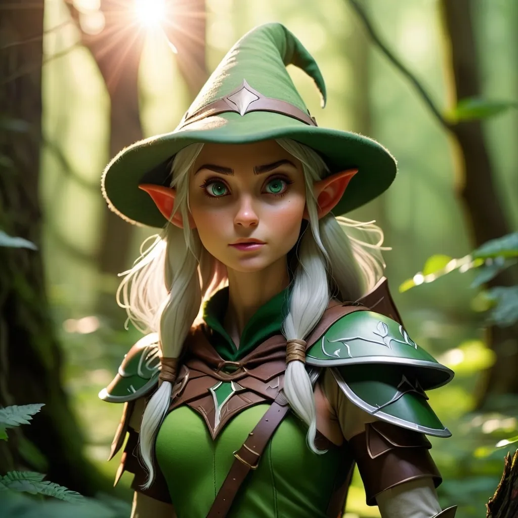 Prompt: Elf ranger in a mystical forest around sunlight