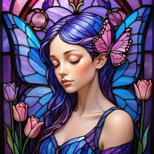 Prompt: Blue, Violet, Pink , butterfly , Fairy with Butterfly wings , Closed eyes , tulip around , intricate details, colorful background