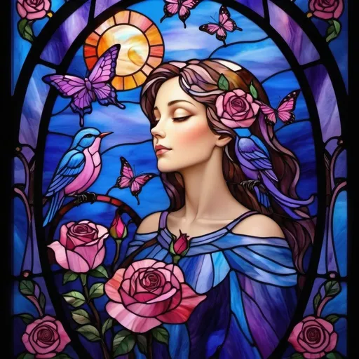 Prompt: Blue, Violet, Pink , Bird, The Sun and the Moon , butterflies  , Roses  background
