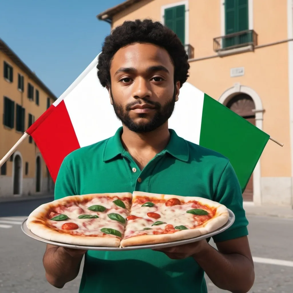 Prompt: Create an image of childsh gambino as an italian man holding a pizza and italy flag