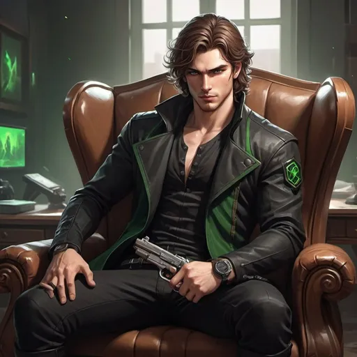 Prompt: A male fantasy illustrated character with wavy brown hair with green eyes, wearing black assassin clothes, with a gun in a pocket, with a smirk on his face and his fingers through his hair, sitting in a chair in a room