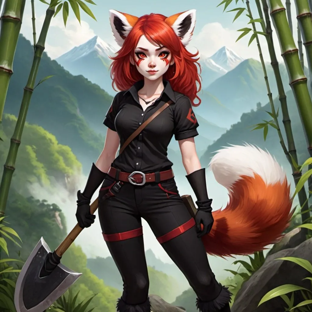 Prompt: A fantasy illustrated female character with red hair, red panda ears, red and white fox tail, and ember eyes, wearing a black and red shirt and black pants, along with wearing black socks and black shoes, along with wearing red and black gloves, holding an axe on her shoulder, in a bamboo forest with mountains in the background