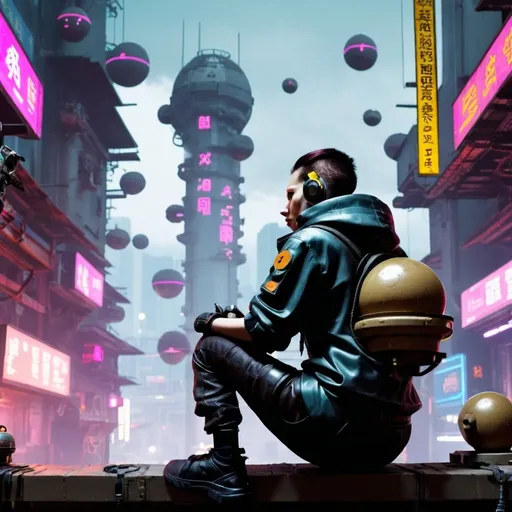 Prompt: Monkey looking at bombs in cyberpunk setting