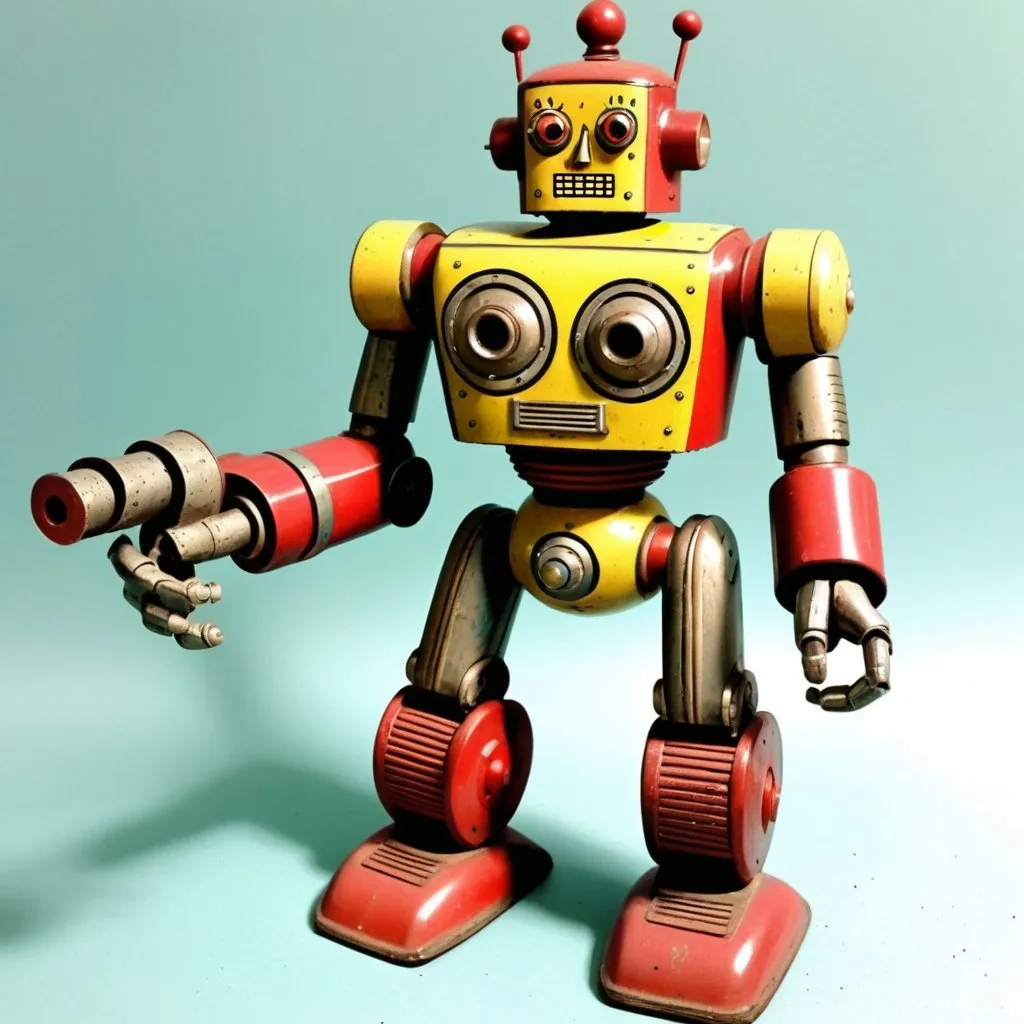 Prompt: An amazonical robot vintage toy, in the style of Jack Kirby and Wally Wood, 1940s vintage comic, faded colors