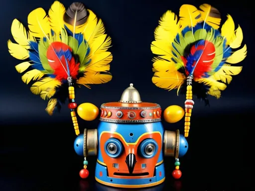 Prompt:  A blue robot vintage toy like el dorado shaman with parrot feathers hat, highly detailed