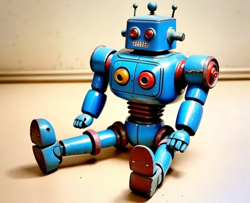 Prompt: A vintage blue fat robot toy with broken leg of Jack Kirby 1940s vintage comic, faded colors