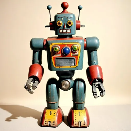 Prompt: An amazonical robot vintage toy, in the style of Jack Kirby and Wally Wood, 1940s vintage comic, faded colors
