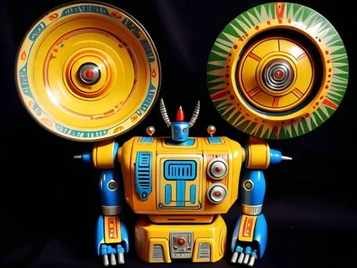 Prompt:  A blue robot vintage toy like el dorado shaman in a jungle highly detailed