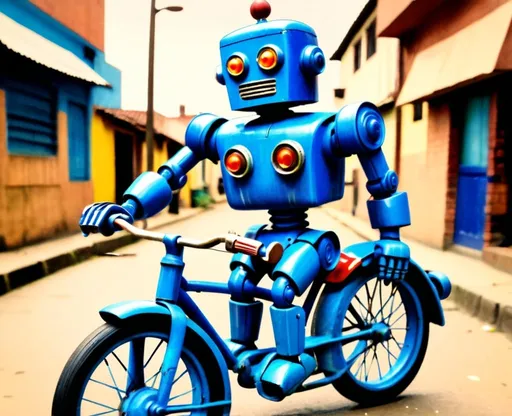 Prompt: A vintage blue robot toy ride a bike At candelaria bogota of Jack Kirby 1940s vintage comic, faded colors