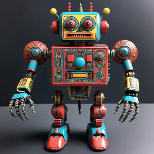 Prompt: retro 80s art , A robot vintage toy like amazon shaman,  highly detailed