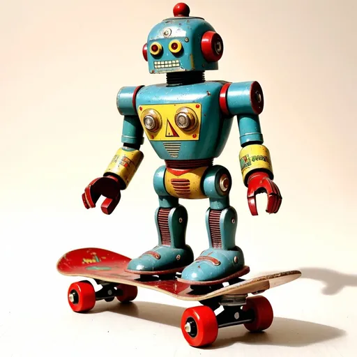 Prompt: An amazonical robot vintage toy skate in the Higher, in the style of Jack Kirby and Wally Wood, 1940s vintage comic, faded colors