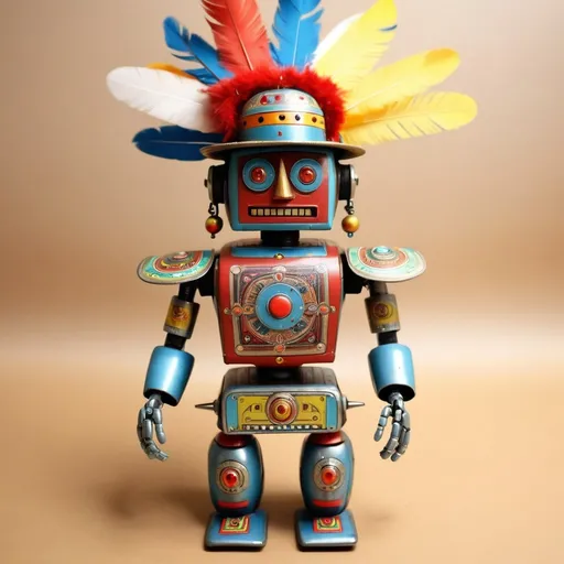 Prompt:  A robot vintage toy like el dorado shaman with  hat feathers ,  highly detailed