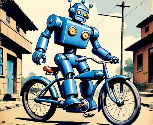 Prompt: A vintage blue robot toy ride a bike At candelaria bogota of Jack Kirby 1940s vintage comic, faded colors