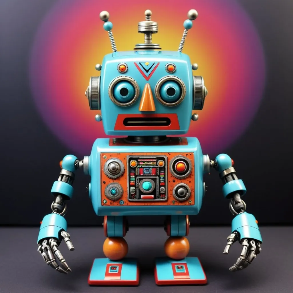 Prompt: retro 80s art , A robot vintage toy like amazon shaman,  highly detailed