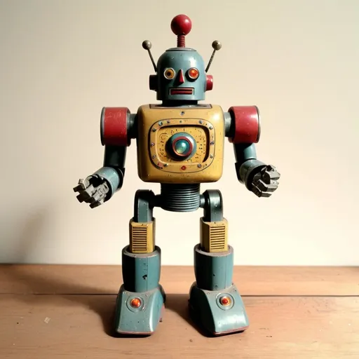 Prompt: An amazonical robot vintage toy, in the style of Jack Kirby and Wally Wood, 1940s vintage comic, faded colors