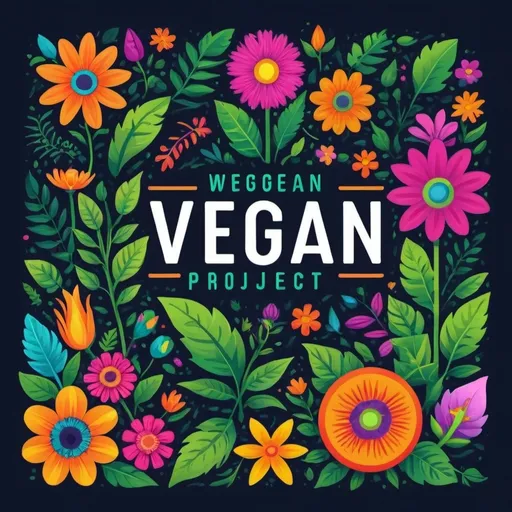 Prompt: Logotipo que incluya muchos animales, flores y colores fuertes y una inscripción " vegan flower proyect"