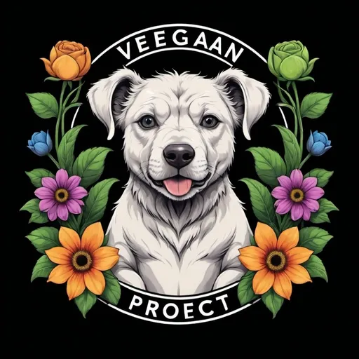 Prompt: Logotipo que incluya muchos animales, flores y colores fuertes y una inscripción " vegan flower proyect"