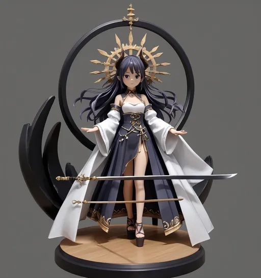 Prompt: a cartoon of a woman with a sword on a pedestal with a demon behind her and a sun above her head, Fan Qi, new sculpture, 3 d model, concept art