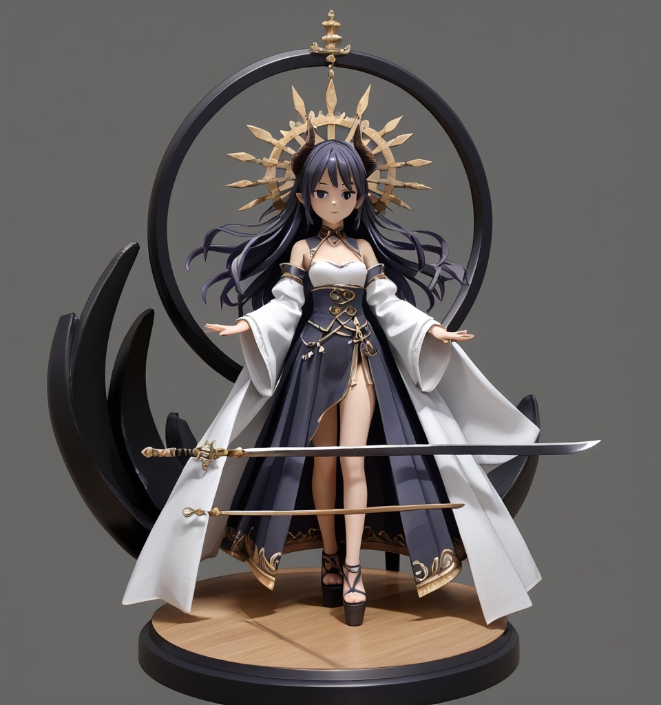 Prompt: a cartoon of a woman with a sword on a pedestal with a demon behind her and a sun above her head, Fan Qi, new sculpture, 3 d model, concept art