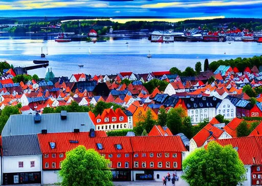 Prompt: long shot scenic professional photograph of old town Fredrikstad in Norway, perfect viewpoint, highly detailed, panoramic lens, hyper realistic, with dramatic sky, polarizing filter, natural lighting, vivid colors, everything in sharp focus, VR, HDR, UHD, 64K