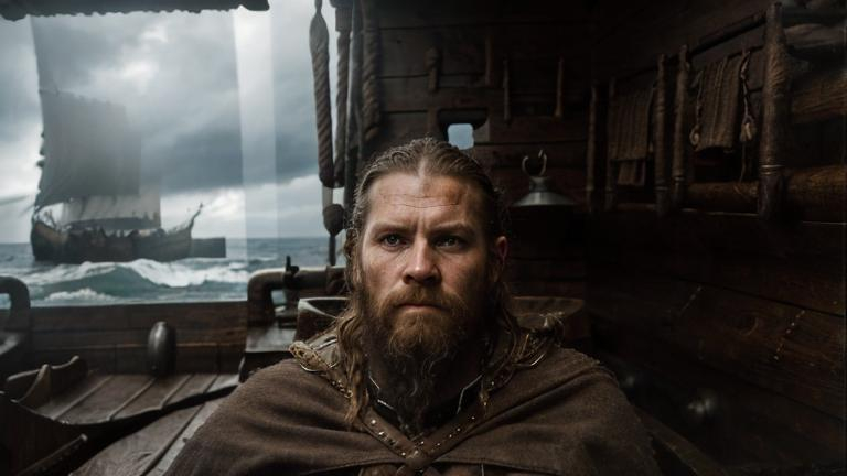 Prompt: Myself as a Viking captain on a longship, oil painting, rugged Viking warriors rowing, stormy seas, intense and bold brushstrokes, high quality, dramatic, historical, dark and moody, dynamic lighting, intense facial features, epic atmosphere